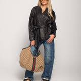 Calça De Ganga Wide Leg Bolsos Efeito Pele