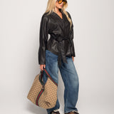 Calça De Ganga Wide Leg Bolsos Efeito Pele