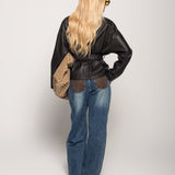 Calça De Ganga Wide Leg Bolsos Efeito Pele