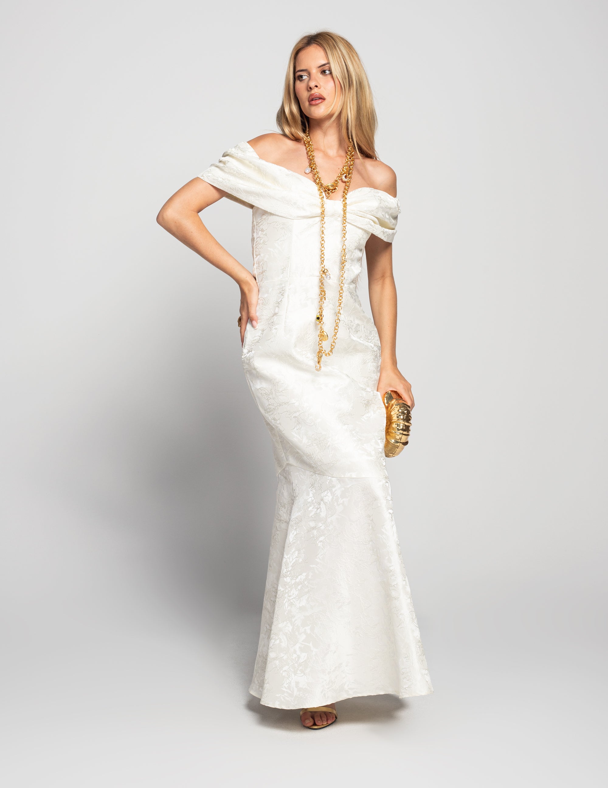 Vestido Glamour Jacquard Laço Volumoso