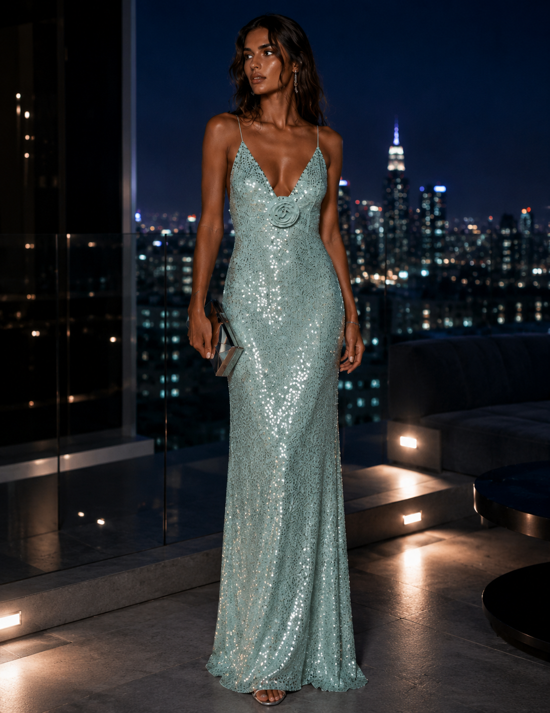 Vestido Longo Glamour De Lantejoulas Aplicação Rosa