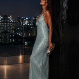 Vestido Longo Glamour De Lantejoulas Aplicação Rosa