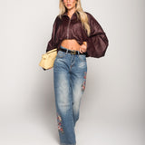 Calça De Ganga Wide Leg Bordados Florais & Strass