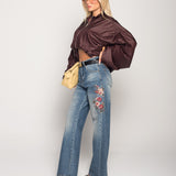 Calça De Ganga Wide Leg Bordados Florais & Strass