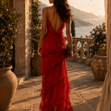 Vestido Folhos Flores Comprido