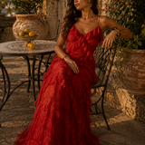 Vestido Folhos Flores Comprido