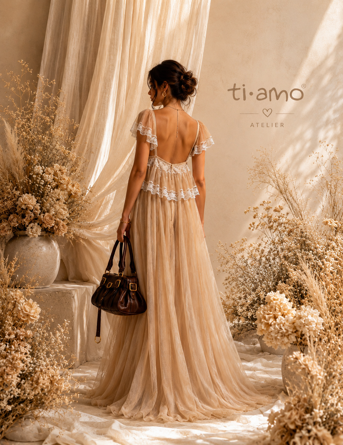 Vestido Longo Ti.Amo Faixa Com Folho E Renda Trabalhada