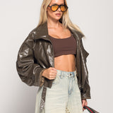 Biker Ti.Amo Cropped De Pele Sintética Efeito Crocodilo