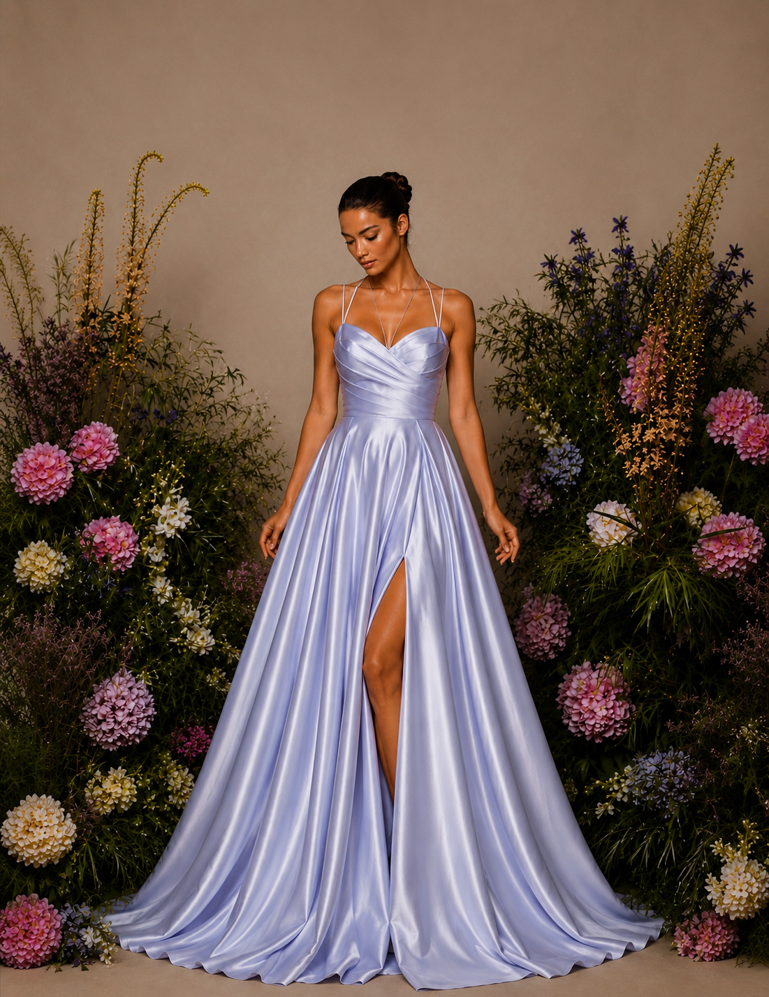 Vestido Longo Efeito Folhos Abertura Lateral