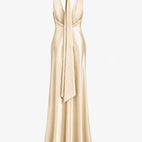 Vestido Longo Glamour Acetinado Decote Drapeado