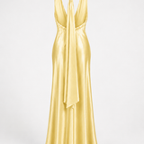 Vestido Longo Glamour Acetinado Decote Drapeado