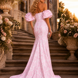 Vestido Glamour Longo Jacquard Mangas Balão
