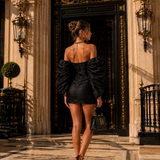 Vestido Curto Off Shoulder Mútiplos Drapeados