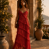 Vestido Folhos Flores Comprido