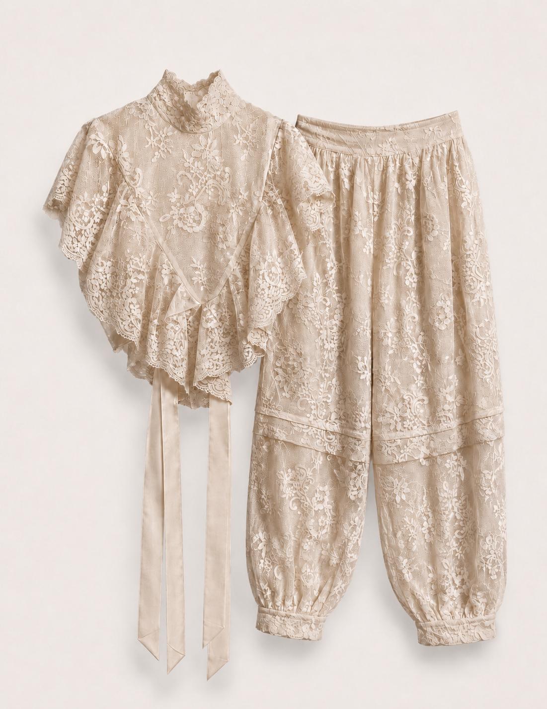 Twinset Ti.Amo Top De Renda Trabalhado Com Fitas + Pantalona De Renda