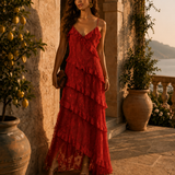 Vestido Folhos Flores Comprido