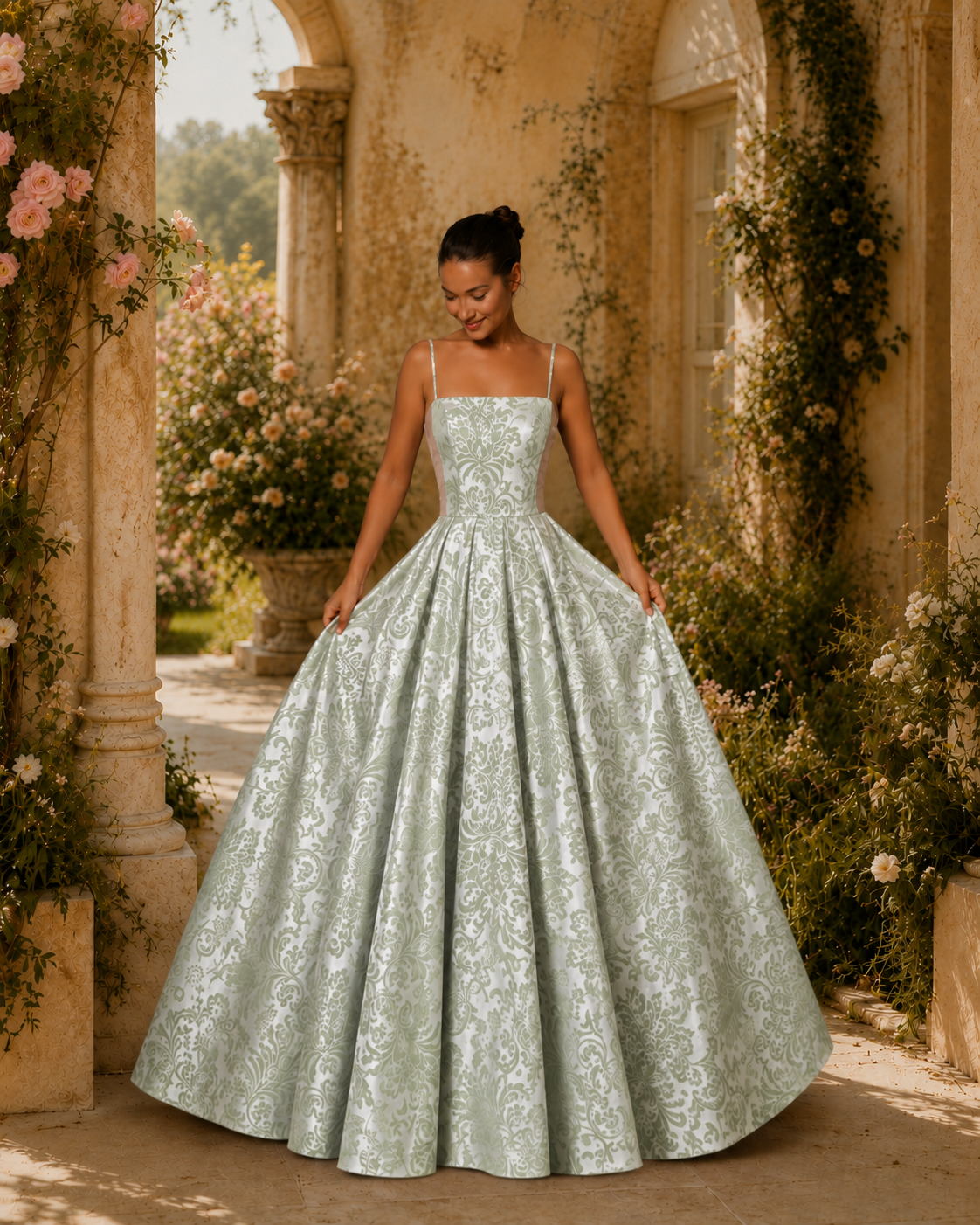 Vestido Longo Glamour Jacquard Com Padrão