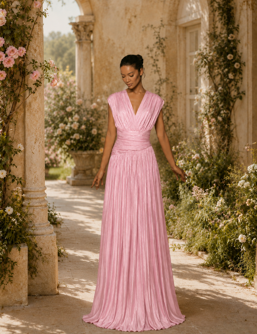 Vestido Longo Glamour Cruzado Plissado