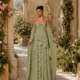 Vestido Longo Glamour Drapeado Com Folhos