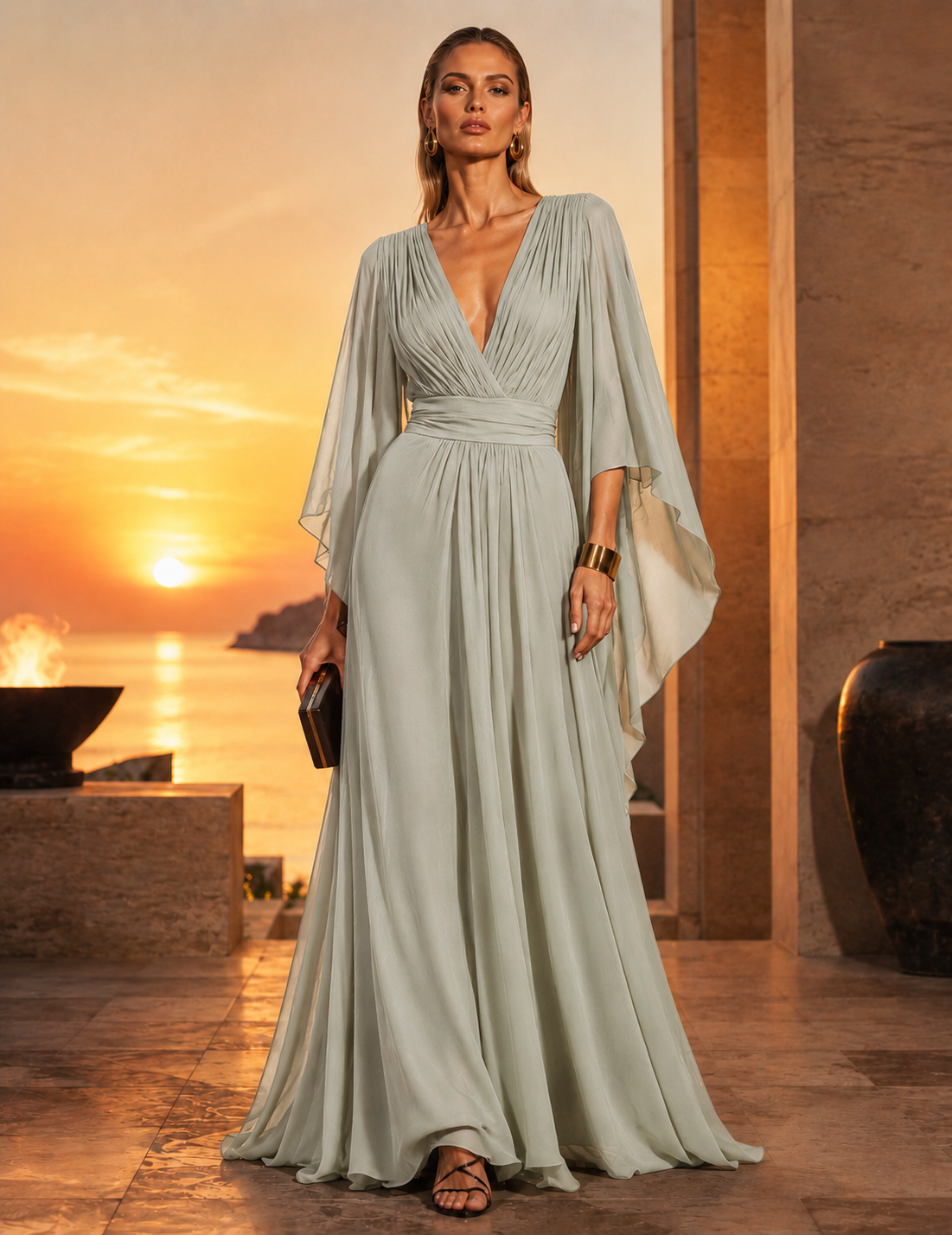 Long Pleated Dress with Asymmetric Sleeves