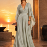 Long Pleated Dress with Asymmetric Sleeves