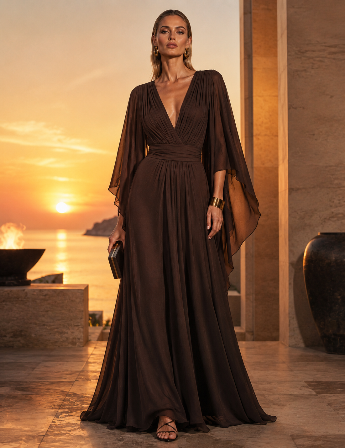 Long Pleated Dress with Asymmetric Sleeves