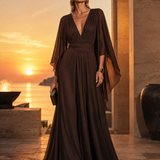 Long Pleated Dress with Asymmetric Sleeves