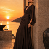 Long Pleated Dress with Asymmetric Sleeves