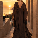 Long Pleated Dress with Asymmetric Sleeves