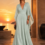 Long Pleated Dress with Asymmetric Sleeves