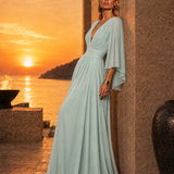 Long Pleated Dress with Asymmetric Sleeves