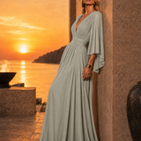 Long Pleated Dress with Asymmetric Sleeves
