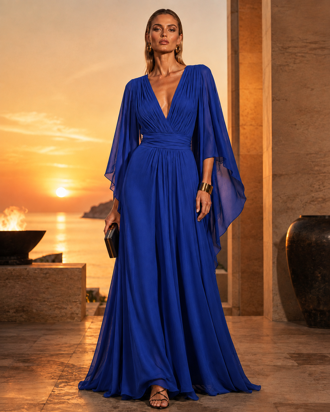 Long Pleated Dress with Asymmetric Sleeves