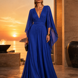 Long Pleated Dress with Asymmetric Sleeves