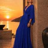 Long Pleated Dress with Asymmetric Sleeves