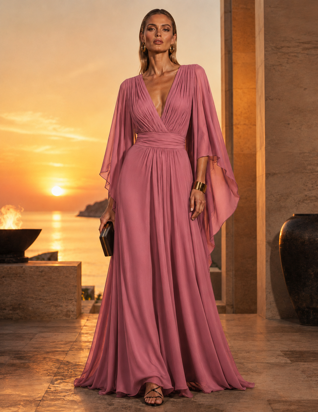 Long Pleated Dress with Asymmetric Sleeves