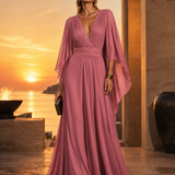 Long Pleated Dress with Asymmetric Sleeves