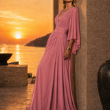 Long Pleated Dress with Asymmetric Sleeves