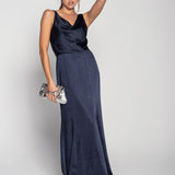 Glamour Long Satin Dress with Loose Neckline