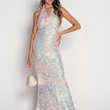 Long Satin Sequin Bow Dress