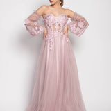 Robe longue glamour avec appliques florales et manches en tulle