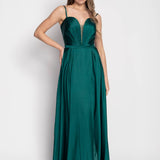 Glamour Long Dress with Multiple Pleats and Tulle Neckline