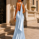 Vestido Longo Glamour Acetinado Decote Drapeado
