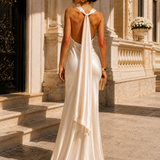 Vestido Longo Glamour Acetinado Decote Drapeado