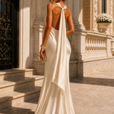 Vestido Longo Glamour Acetinado Decote Drapeado