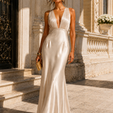 Vestido Longo Glamour Acetinado Decote Drapeado