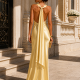 Vestido Longo Glamour Acetinado Decote Drapeado