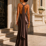 Vestido Longo Glamour Acetinado Decote Drapeado
