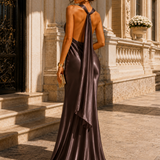 Vestido Longo Glamour Acetinado Decote Drapeado