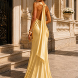 Vestido Longo Glamour Acetinado Decote Drapeado